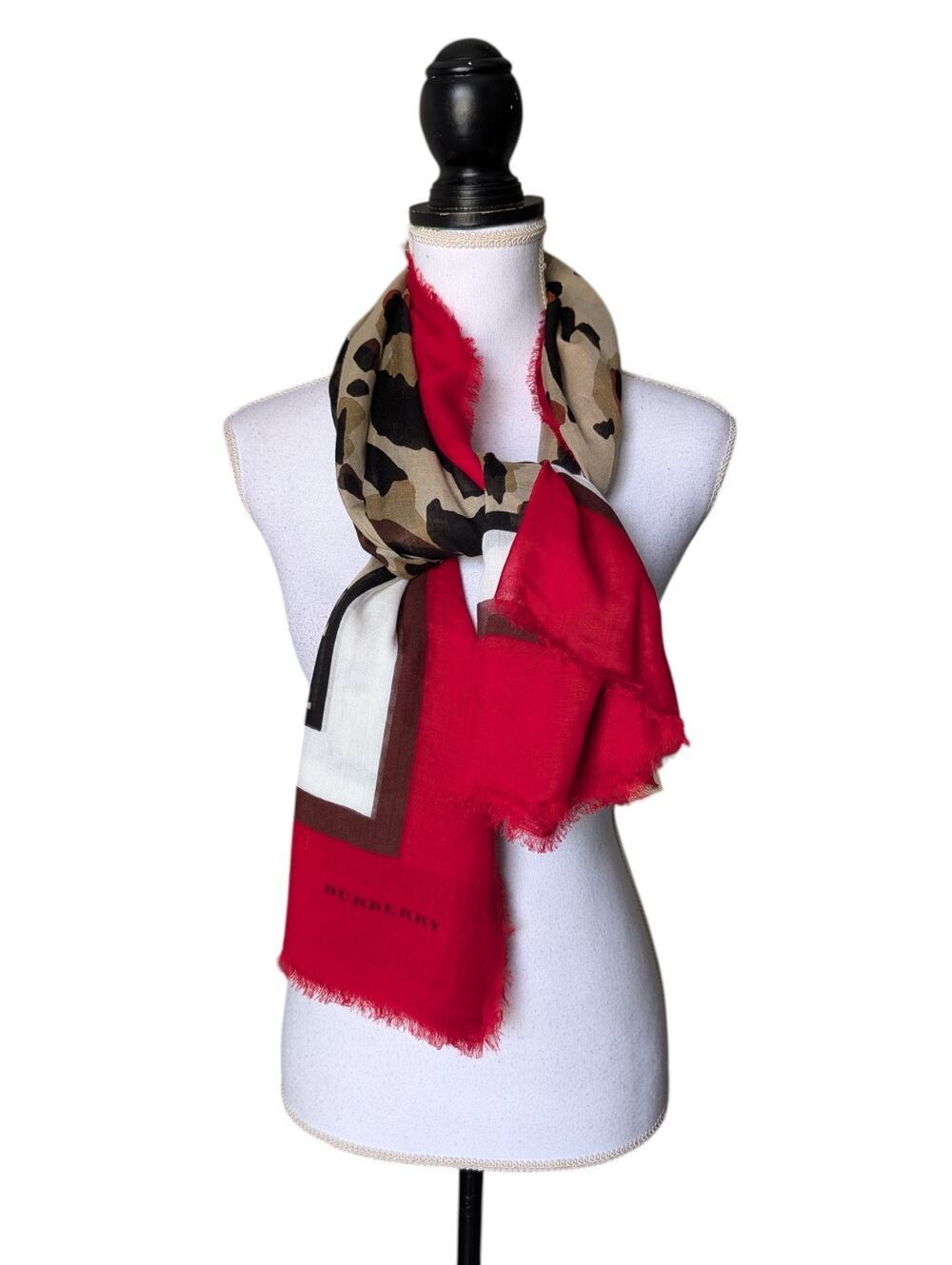 Burberry Leopard Cheetah Animal Print Red Silk Blend Scarf Italy Fringe Large